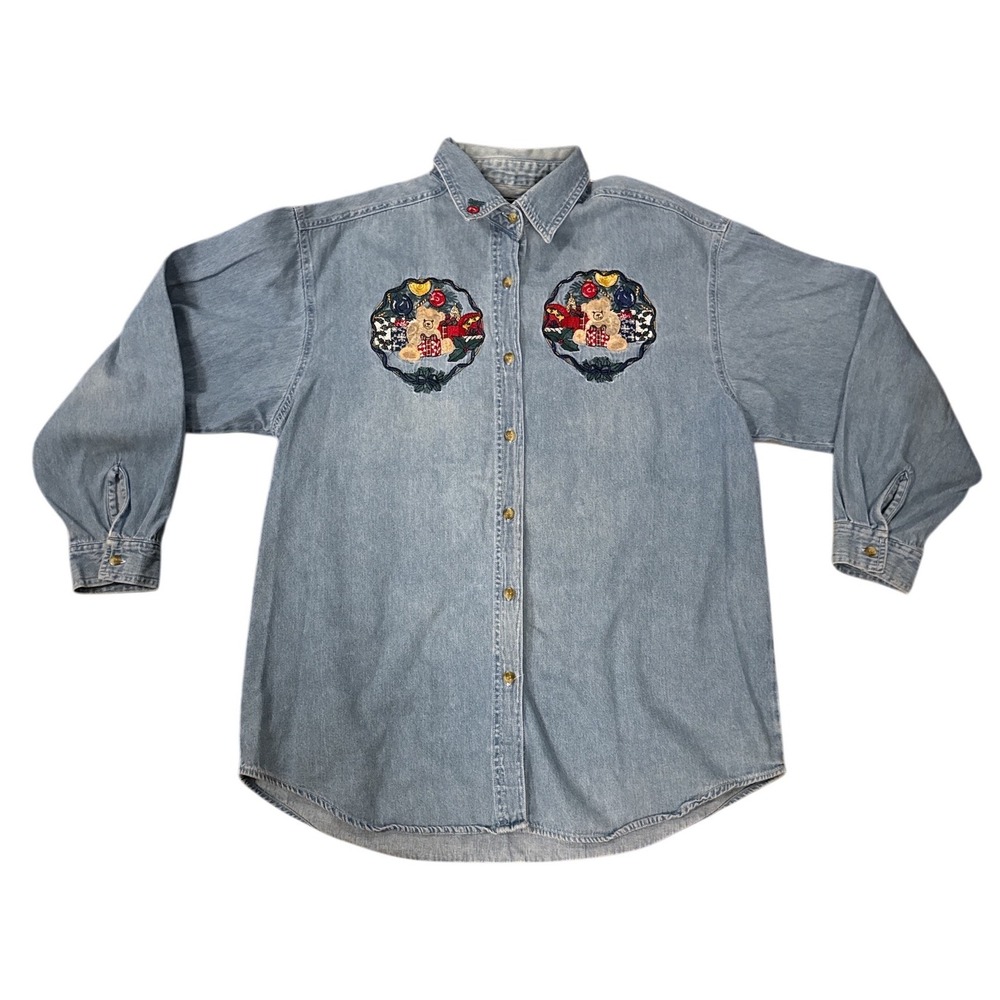 Quizz Again Denim Shirt Womens Large Blue Christmas Teddy Bear Embroidered‎